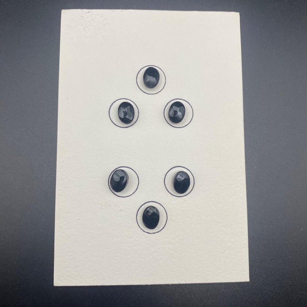 Antique Oval Black Jet Glass Buttons Set 6 Carded Victorian Faceted Self Shank